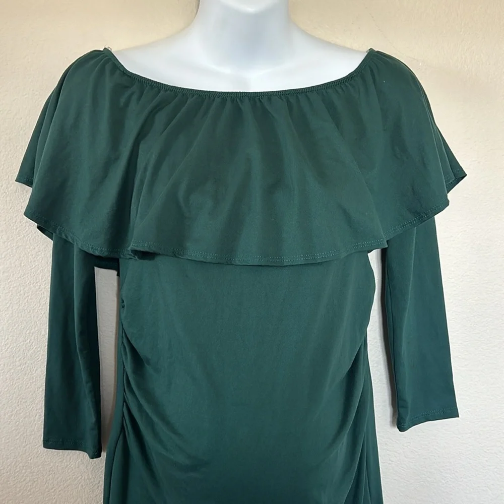 Pinkblush Emerald Green Ruffle Off The Shoulder Long Sleeve Maternity Mini Dress - Picture 4 of 10